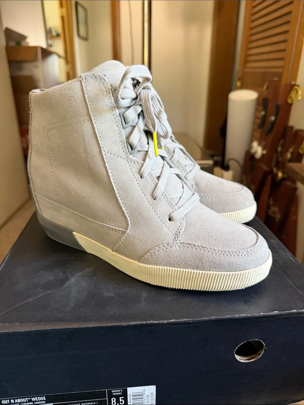 Sorel Out N About Light Gray Suede High-Top Wedge Boots
